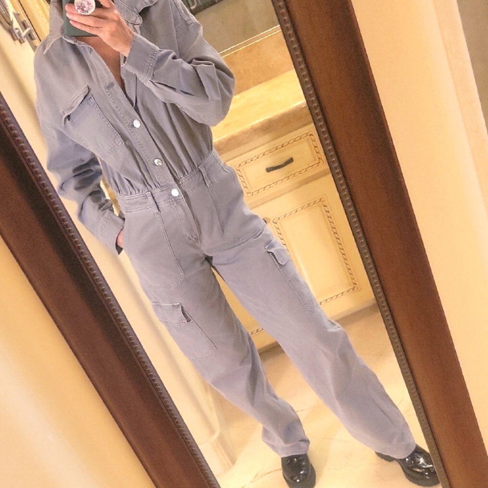 Zara 100% Cotton Gray Utility Jumpsuit with Relaxed Fit, XS - Picture 10 of 16